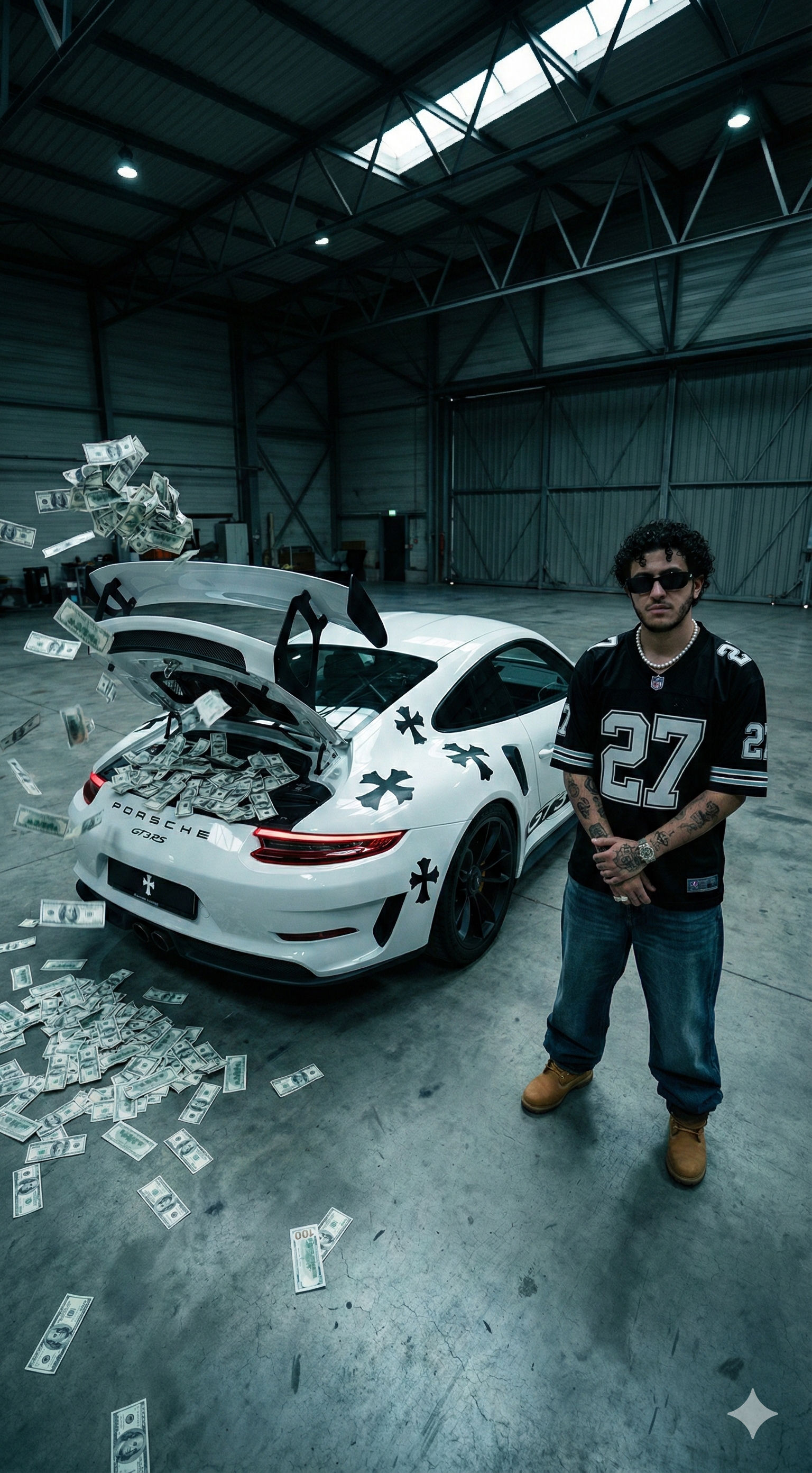 💸 Porsche GT3 RS & Money Rain: Free AI Prompt — Portrait AI art prompt example for Midjourney and Stable Diffusion
