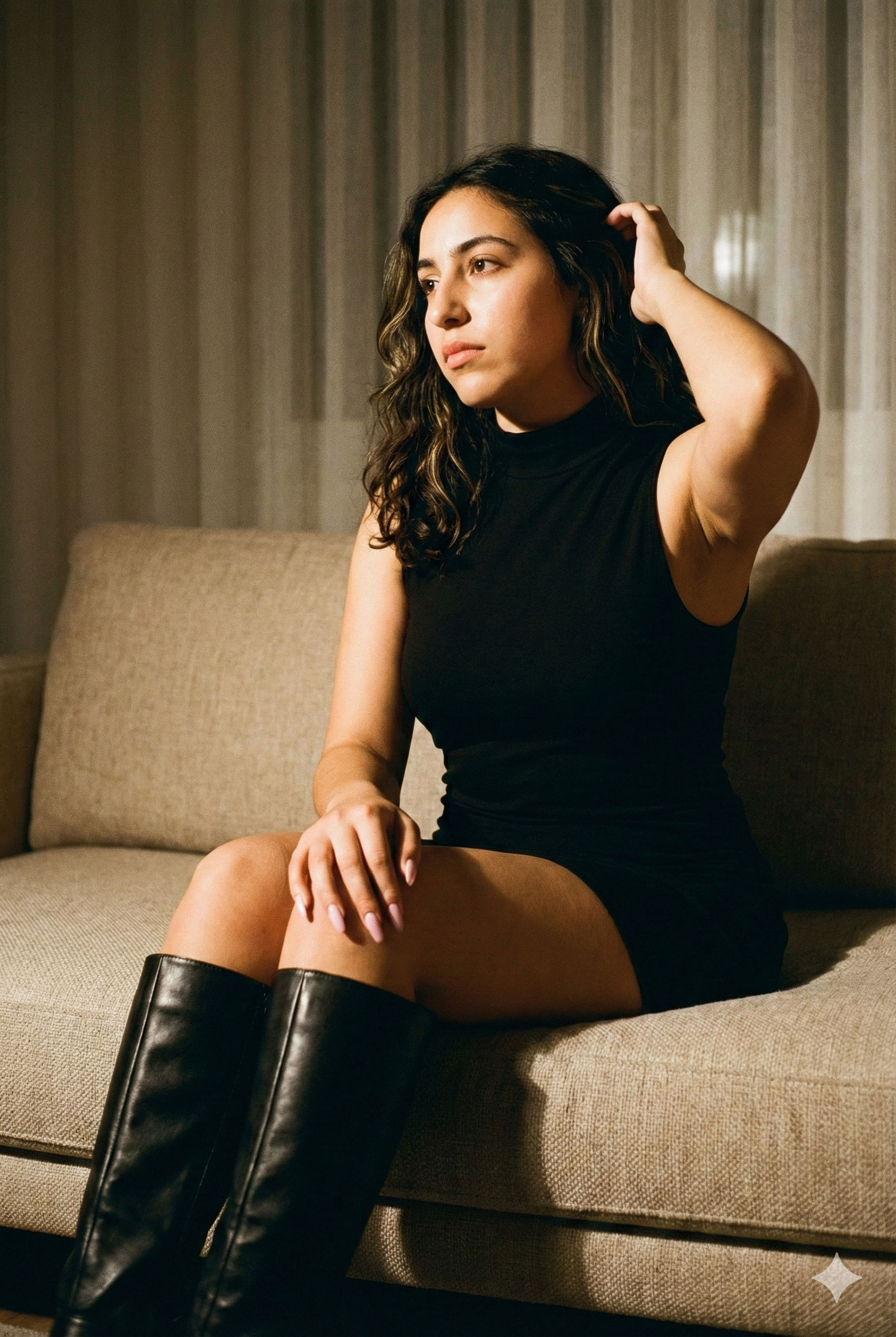 🖤 Black Mini & Leather Boots: Free AI Fashion Prompt — Portrait AI art prompt example for Midjourney and Stable Diffusion