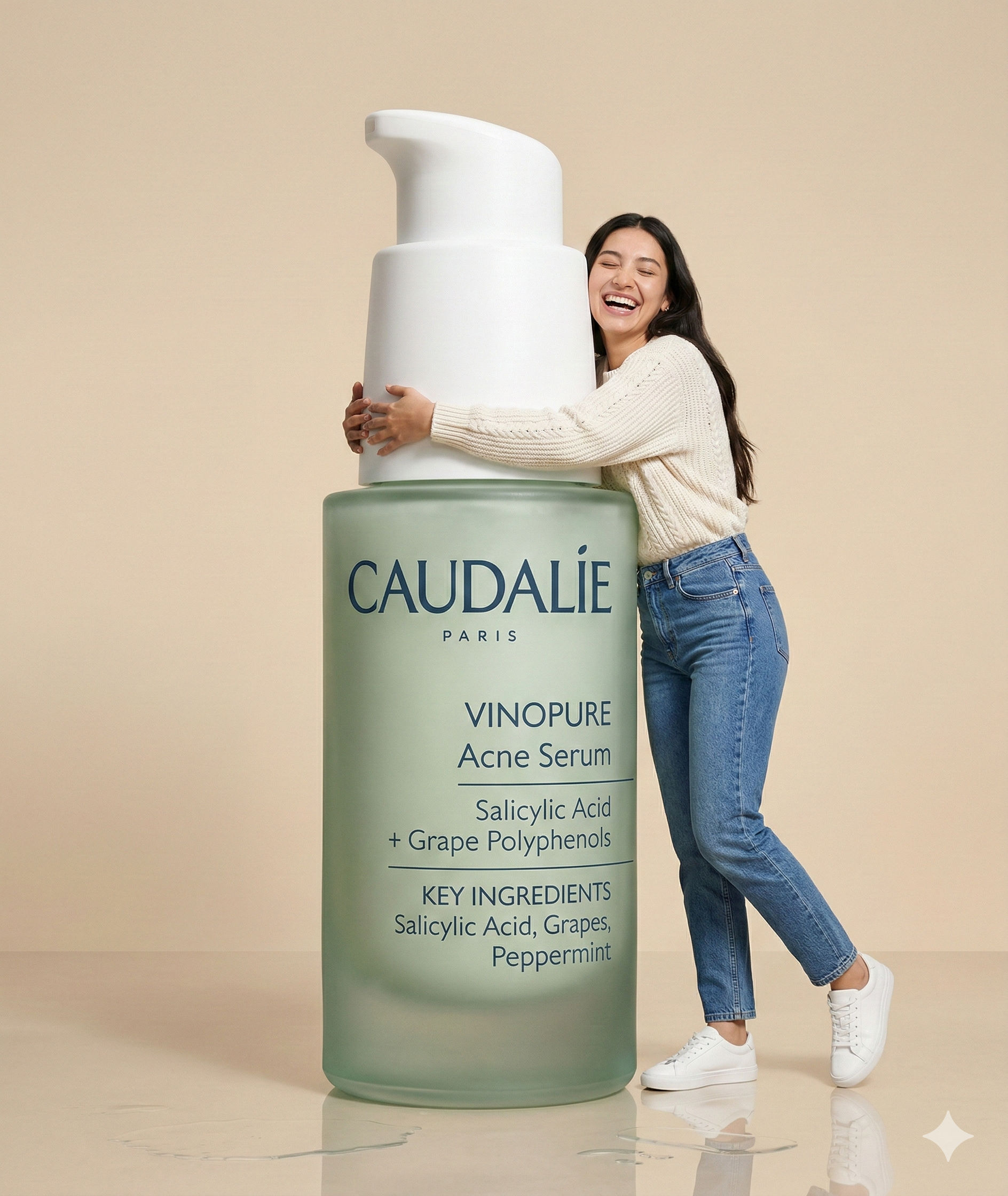 Ultra-Realistic Skincare Studio Ad: Woman Hugging Oversized Caudalie Vinopure Serum - Free Prompts — Business AI art prompt example for Midjourney and Stable Diffusion