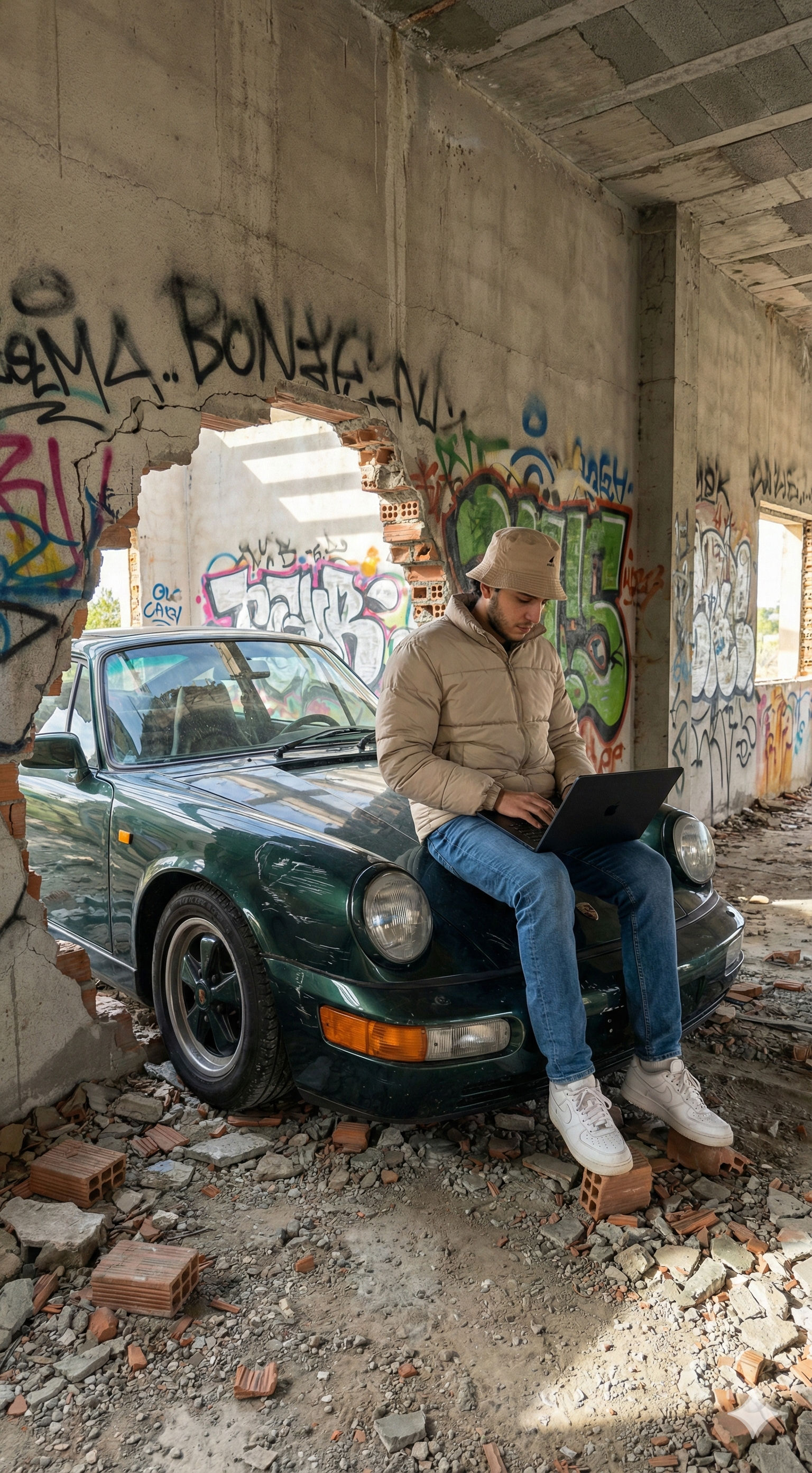 Free Prompt: Urban Explorer & Vintage Porsche — Portrait AI art prompt example for Midjourney and Stable Diffusion