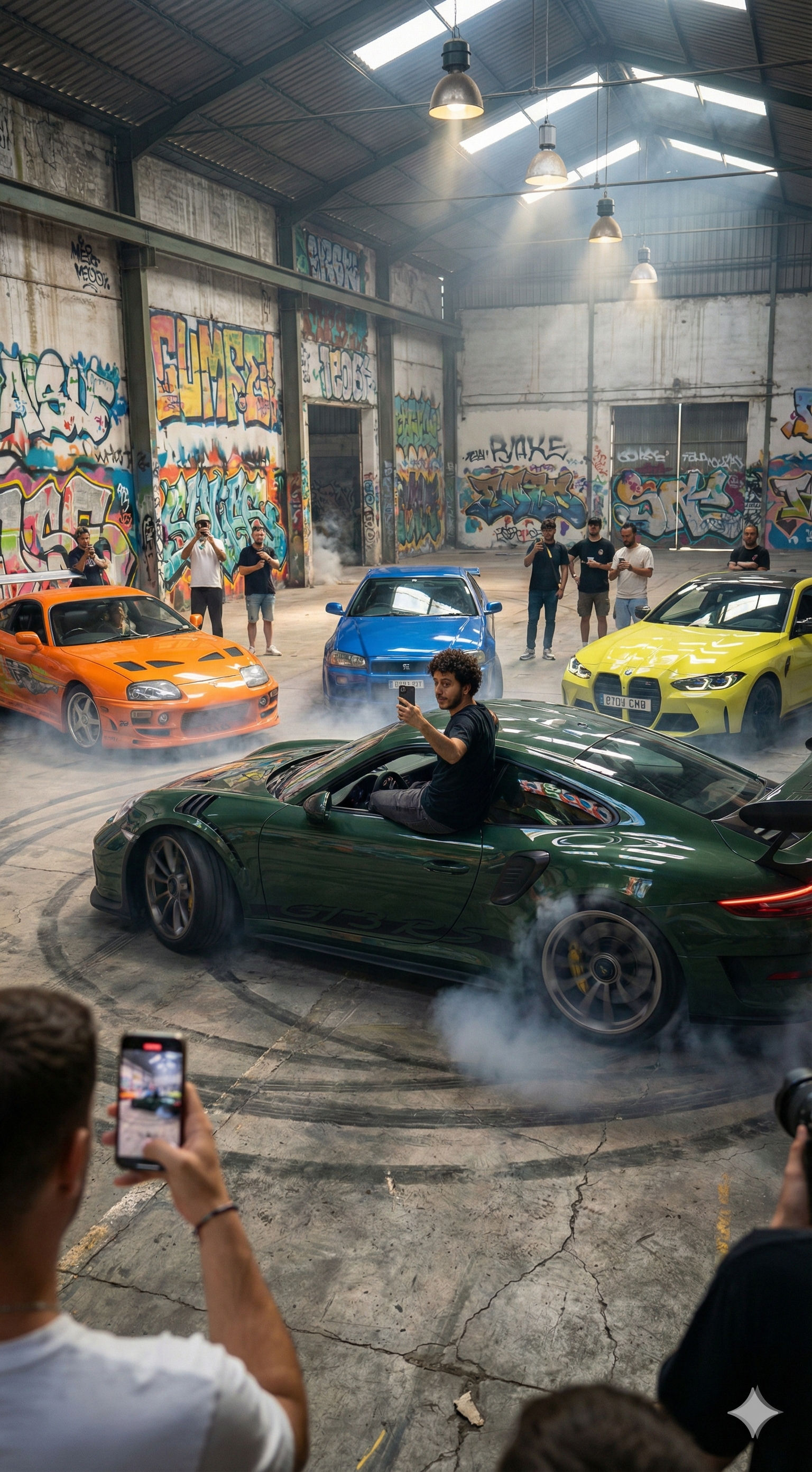 Free Prompt: Warehouse Car Meet & Burnout — Portrait AI art prompt example for Midjourney and Stable Diffusion