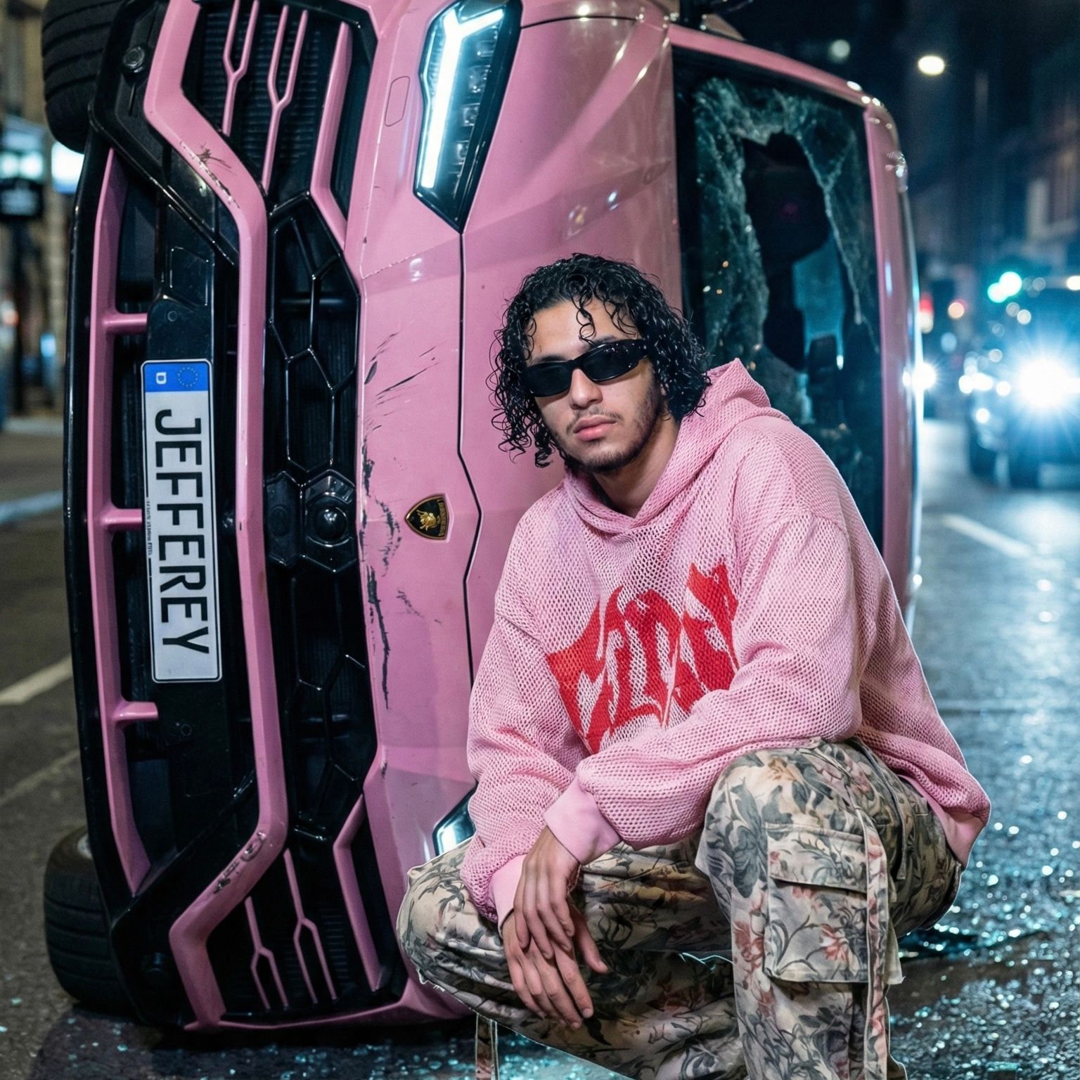 Pink Supercar Crash & Streetwear Aesthetic — Portrait AI art prompt example for Midjourney and Stable Diffusion