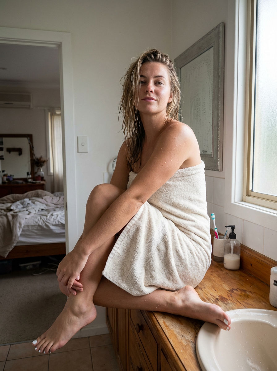 Free AI Art Prompt: Hyper-Realistic & Seductive Post-Shower Portrait — Portrait AI art prompt example for Midjourney and Stable Diffusion