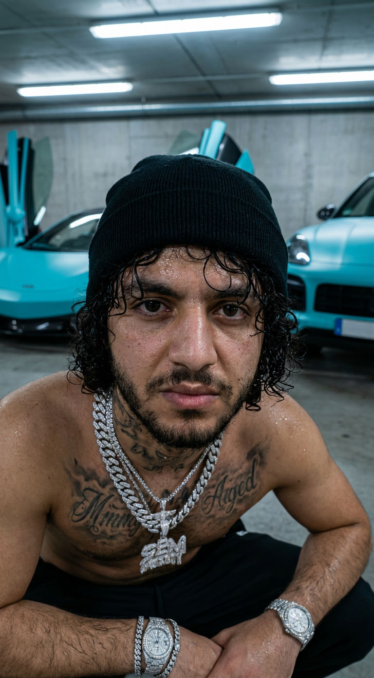 Free AI Art Prompt: Hyperrealistic Portrait with Tiffany Blue Supercars — Portrait AI art prompt example for Midjourney and Stable Diffusion