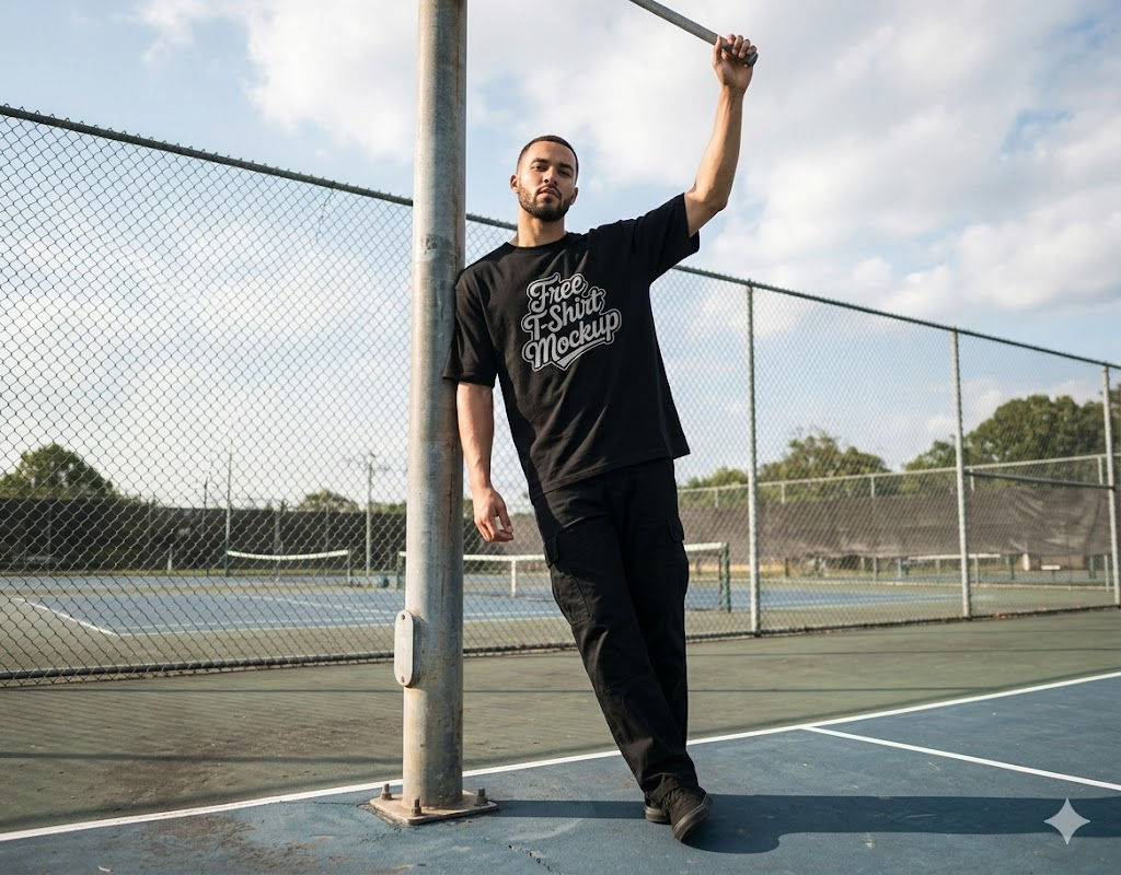 Ultra-Realistic Streetwear Fashion Editorial on Tennis Court T Shirt Mockup – Premium Outdoor Apparel Campaign Photography (SOUL 2.0 Realism) — Business AI art prompt example for Midjourney and Stable Diffusion