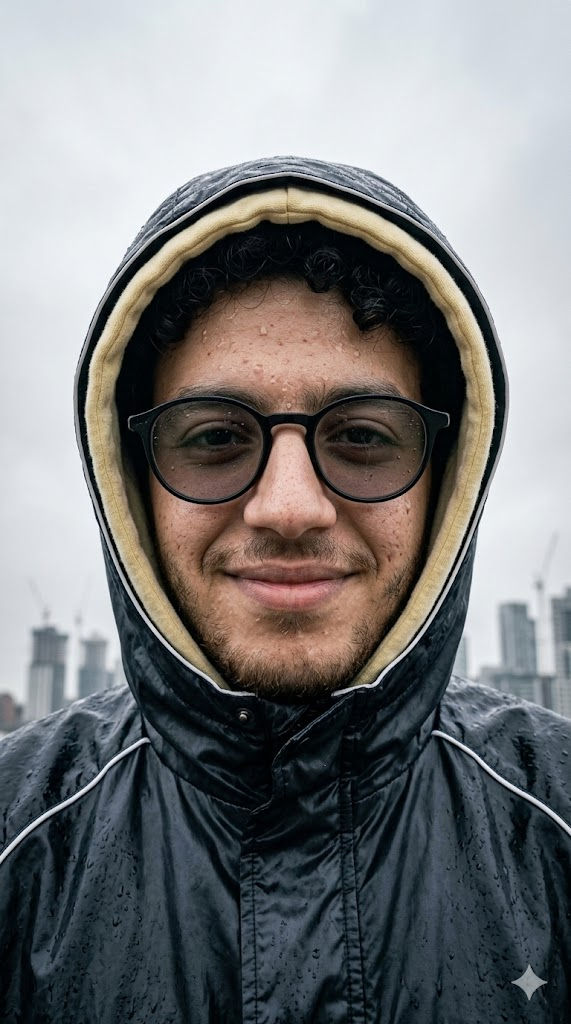 Urban Rain Portrait — Hyper-Realistic Hooded Close-Up — Portrait AI art prompt example for Midjourney and Stable Diffusion