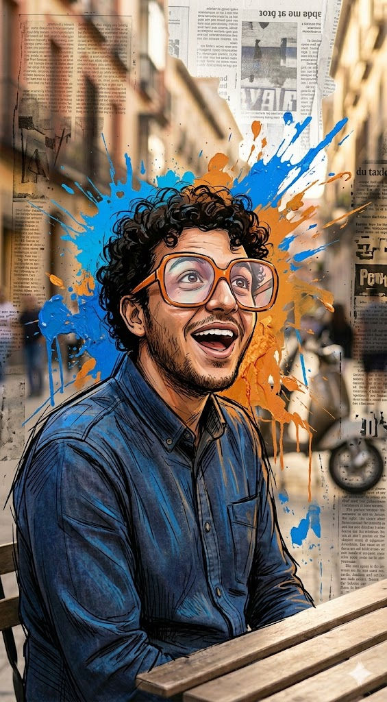 Expressive Mixed Media Portrait with Newspaper Texture & Paint Splashes – Free Prompt — Portrait AI art prompt example for Midjourney and Stable Diffusion