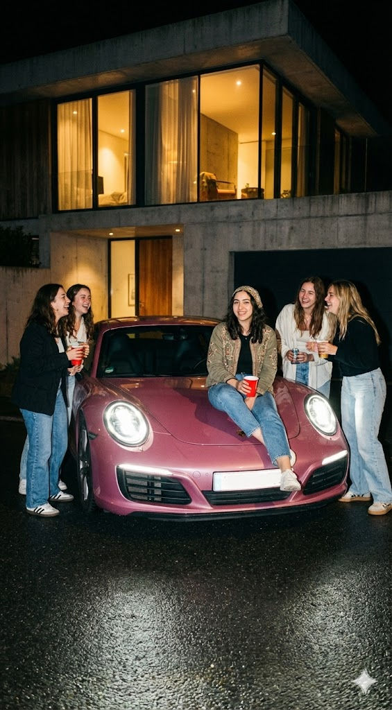 Modern Night Party Scene Prompt – iPhone Flash, Pink Porsche 911 — Portrait AI art prompt example for Midjourney and Stable Diffusion
