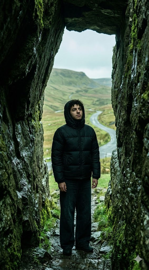 Cinematic Outdoor Fashion Portrait – Young Man in Black Puffer Jacket at Rocky Cave Entrance, Moody Countryside Editorial — Portrait AI art prompt example for Midjourney and Stable Diffusion