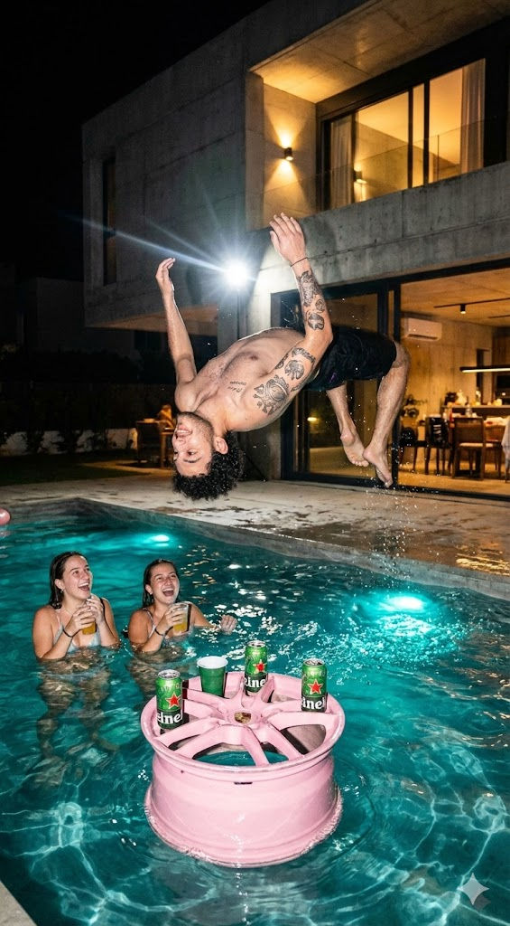 Night Pool Party Chaos AI Prompt – iPhone Flash, Backflip, Floating Porsche Wheel — Portrait AI art prompt example for Midjourney and Stable Diffusion