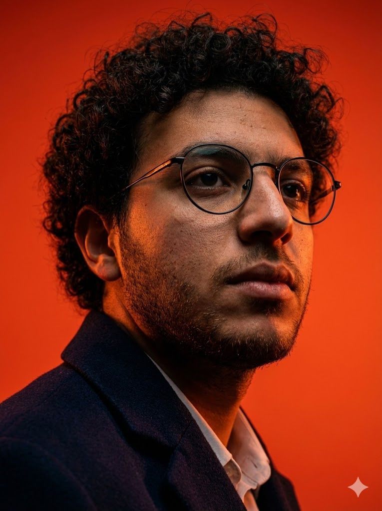 Ultra-Realistic Editorial Portrait Prompt – Low-Angle, Dramatic Orange-Red Background — Portrait AI art prompt example for Midjourney and Stable Diffusion