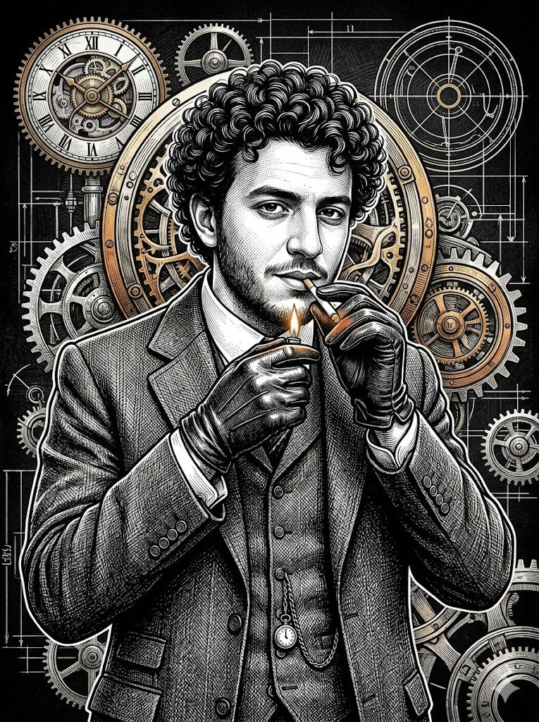 1920s British Gangster Pen & Ink Engraving Steampunk Noir – Free Prompt — Portrait AI art prompt example for Midjourney and Stable Diffusion