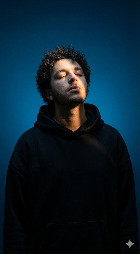 Surreal Cinematic Portrait Prompt – Oversized Black Hoodie, Dramatic Blue Lighting — Portrait AI art prompt example for Midjourney and Stable Diffusion