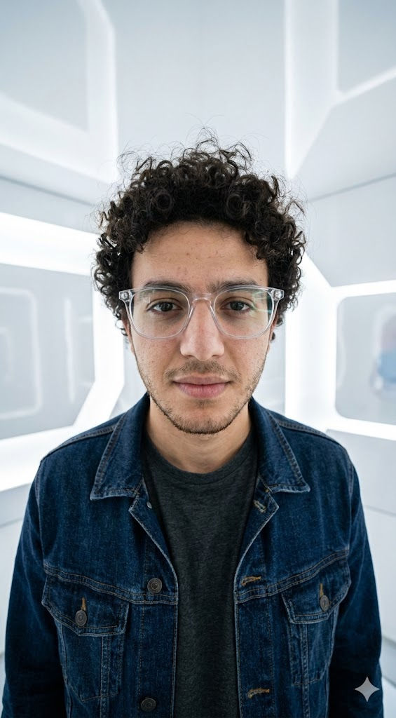 High-Detail AI Portrait Prompt – Denim Jacket, Modern Sci-Fi Minimalism — Portrait AI art prompt example for Midjourney and Stable Diffusion