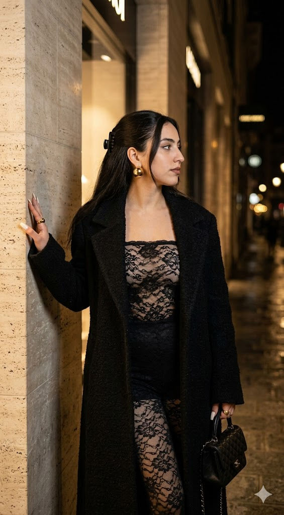 Luxury Nighttime Fashion Editorial – Hyper-Realistic Full-Body Female Portrait – Free Prompt — Portrait AI art prompt example for Midjourney and Stable Diffusion