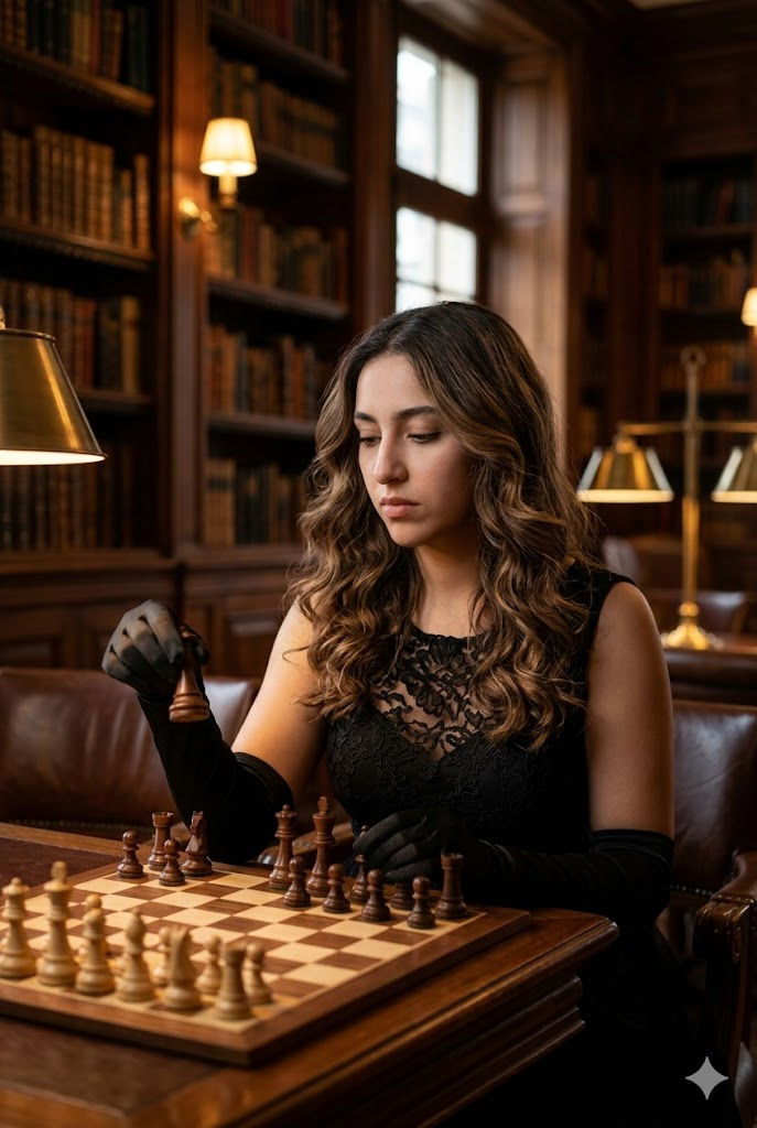 Hyper-Realistic Luxury Chessroom Editorial – Elegant Woman in Black Lace Dress – Free Prompt — Portrait AI art prompt example for Midjourney and Stable Diffusion