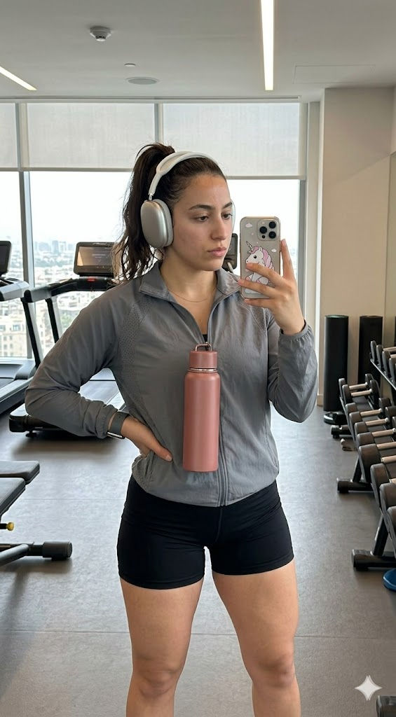 Athletic Gym Selfie – Muscular Woman in Gray Sports Jacket & Black Shorts – Free Prompt — Portrait AI art prompt example for Midjourney and Stable Diffusion