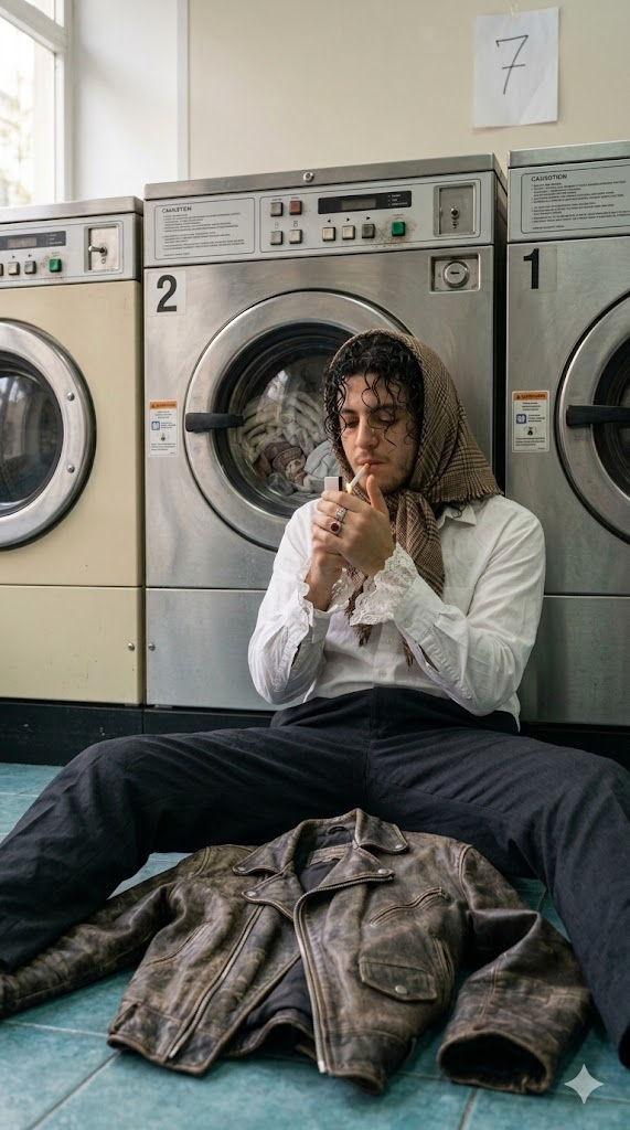 Free Prompt for Hyper-Realistic Laundromat Film Photography Portrait — Portrait AI art prompt example for Midjourney and Stable Diffusion