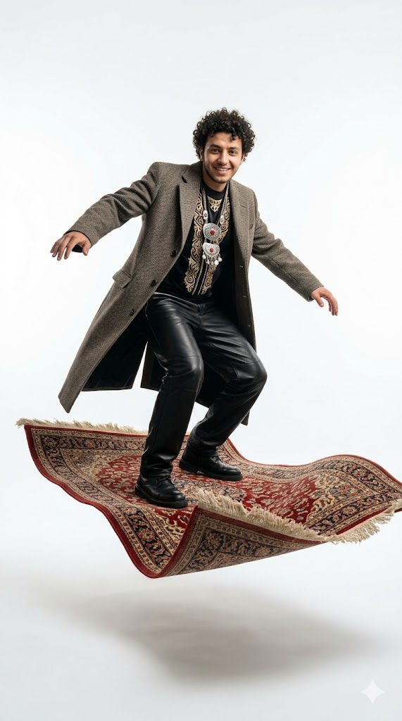 Kazakh Model Surfing a Flying Carpet in Futuristic Fashion — Portrait AI art prompt example for Midjourney and Stable Diffusion