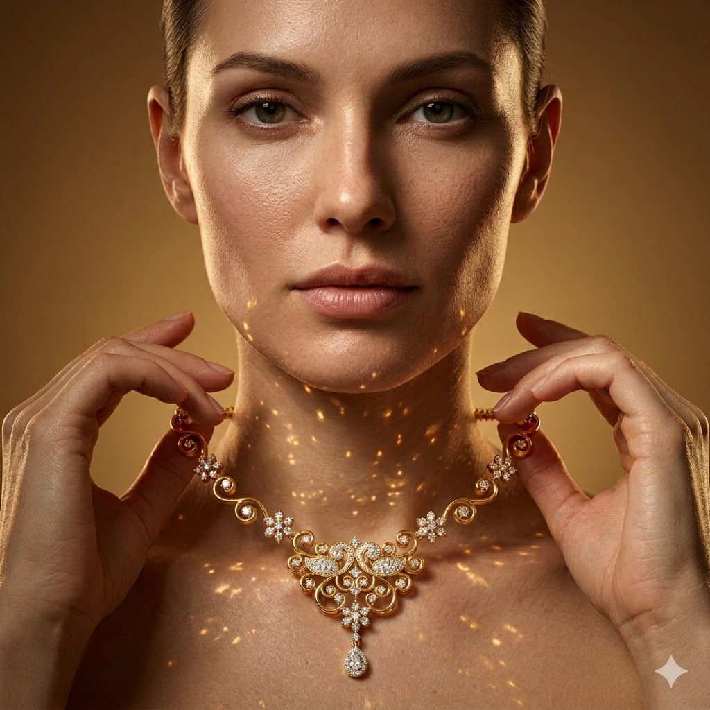 Ultra-Realistic Luxury Jewellery Macro – Frontal Portrait with Hands Holding Necklace – Free Prompt — Business AI art prompt example for Midjourney and Stable Diffusion