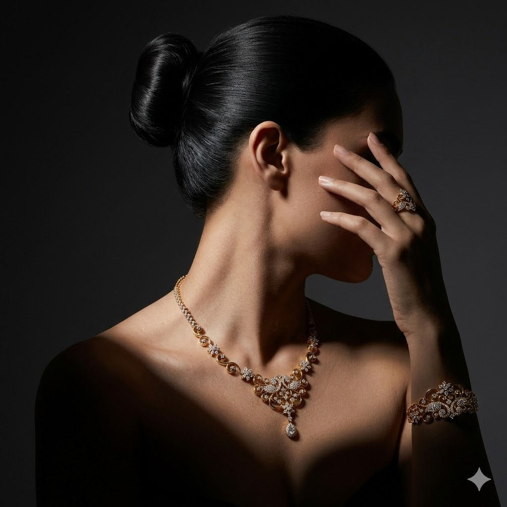 Ultra-Realistic Luxury Jewellery Editorial – Right-Side 3/4 Rear Profile — Business AI art prompt example for Midjourney and Stable Diffusion
