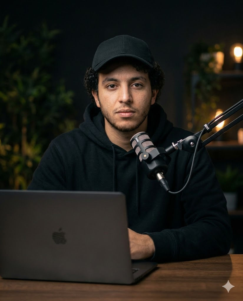 Cinematic Dark Studio Male Portrait for Content Creator with Podcast Setup – Free Prompt — Portrait AI art prompt example for Midjourney and Stable Diffusion