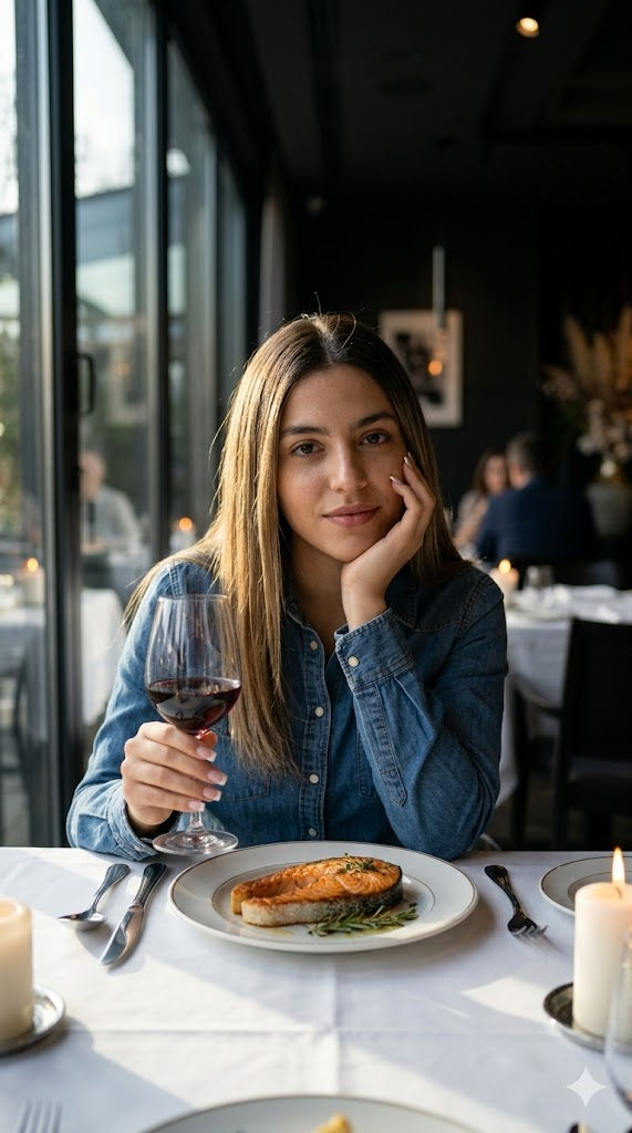 Elegant Woman Dining with Red Wine in Moody Restaurant — Portrait AI art prompt example for Midjourney and Stable Diffusion