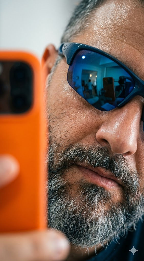 Extreme Macro Cinematic Portrait with Blue Sport Glasses and Orange Smartphone Foreground — Portrait AI art prompt example for Midjourney and Stable Diffusion