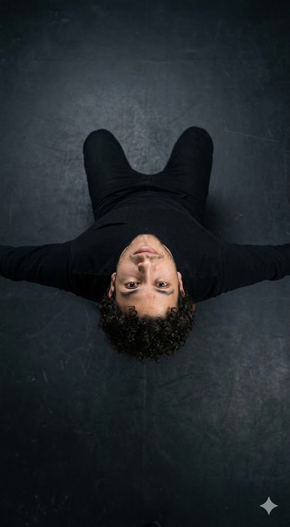 Aerial Top-Down Cinematic Portrait – 90° Overhead Editorial Studio Photography in Black, Ultra-Realistic 8K — Business AI art prompt example for Midjourney and Stable Diffusion