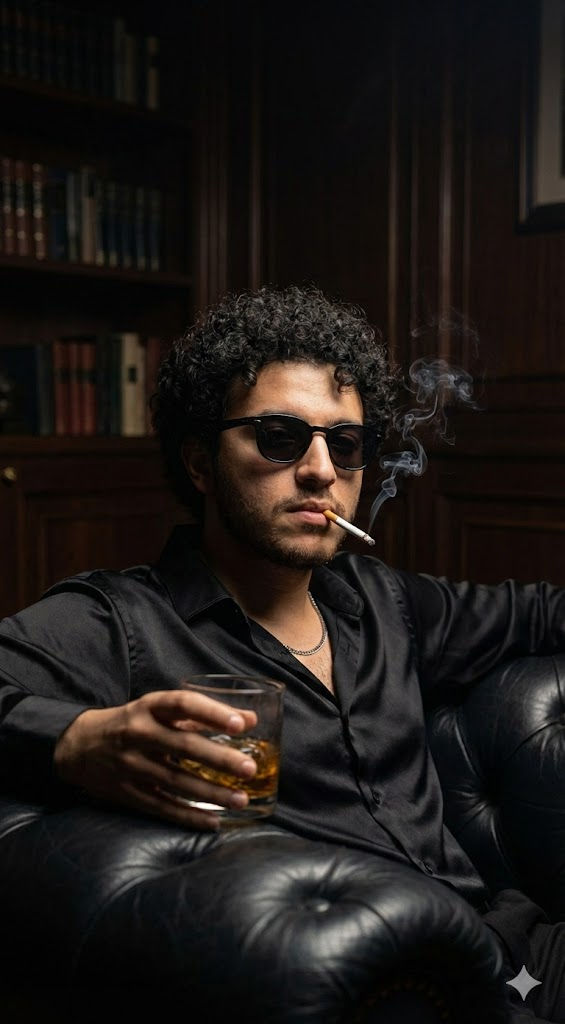 Noir Whiskey Lounge Portrait — Leather Chesterfield, Cigarette Smoke, Masculine Editorial — Portrait AI art prompt example for Midjourney and Stable Diffusion