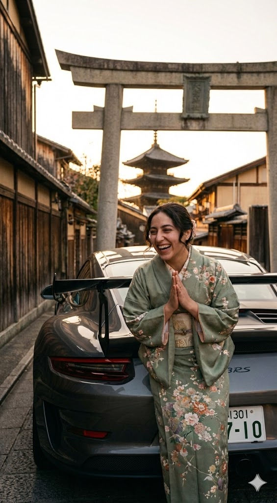 Photorealistic iPhone Sunset Prompt in Kyoto – Kimono Woman & Porsche GT3 RS — Portrait AI art prompt example for Midjourney and Stable Diffusion