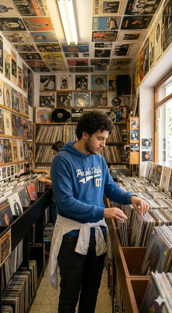 Casual Record Store Browsing Portrait – Nostalgic Vinyl Shop Lifestyle Photography Free Prompt — Portrait AI art prompt example for Midjourney and Stable Diffusion