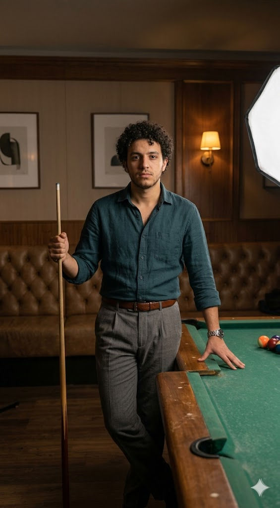 Cinematic Billiard Lounge Portrait of a Man with Pool Cue – Moody Editorial Lifestyle Photography Free Prompt — Portrait AI art prompt example for Midjourney and Stable Diffusion