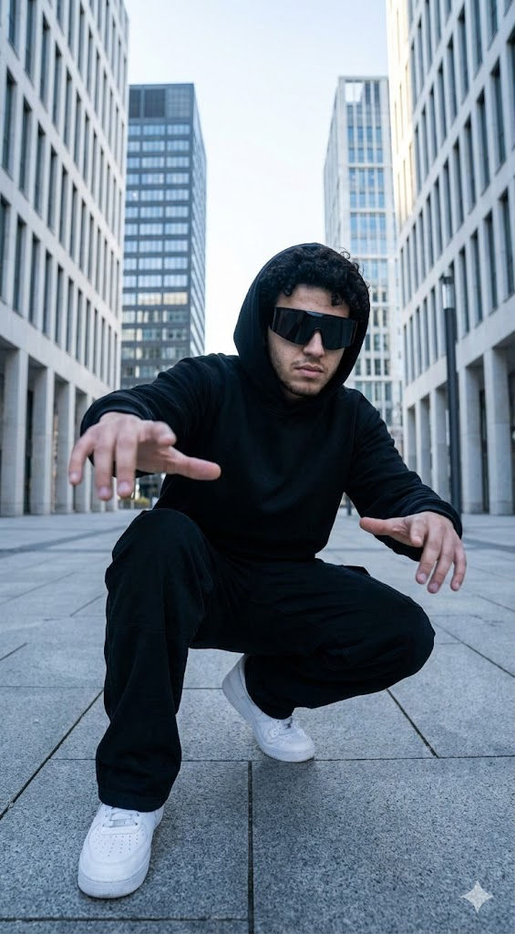 Wide-Angle Dominance — Urban Crouch, Black Hoodie Street Editorial — Portrait AI art prompt example for Midjourney and Stable Diffusion