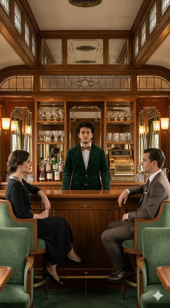 Perfectly Symmetrical Luxury Bar Interior with Bartender – Cinematic Editorial Photography Prompt — Portrait AI art prompt example for Midjourney and Stable Diffusion