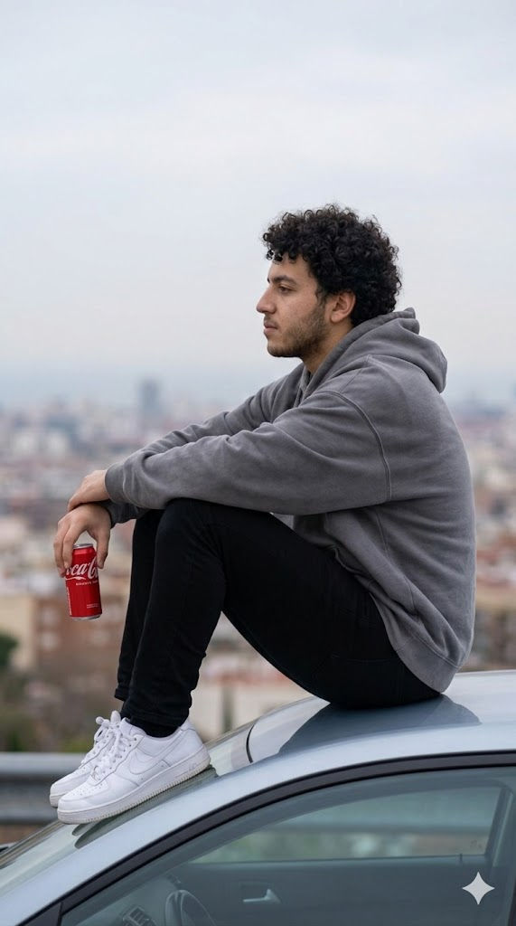 Cinematic Rooftop Contemplation — Streetwear Portrait with Coca-Cola Can — Portrait AI art prompt example for Midjourney and Stable Diffusion