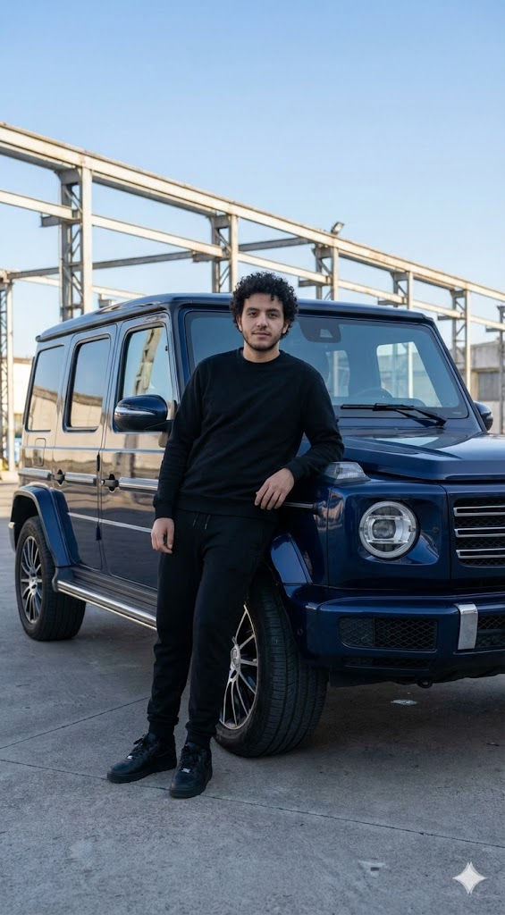 Concrete Status — Blacked-Out Figure with Luxury SUV — Portrait AI art prompt example for Midjourney and Stable Diffusion