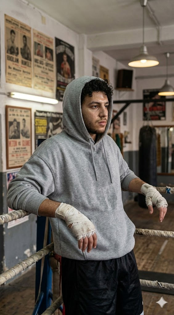 Cinematic Boxing Gym Portrait AI Prompt – Hoodie, Hand Wraps, Raw Athletic Realism — Portrait AI art prompt example for Midjourney and Stable Diffusion