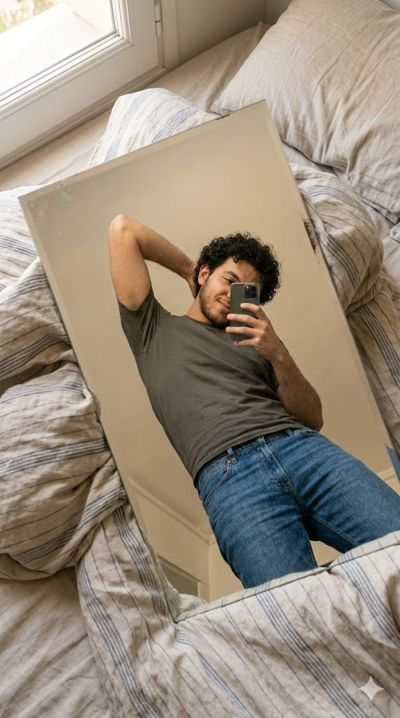 Free Prompt for Ultra-Realistic Mirror-on-Bed Lifestyle Selfie Photo — Portrait AI art prompt example for Midjourney and Stable Diffusion
