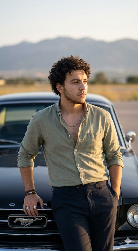 Golden Hour Mustang / Cinematic Portrait / Classic Elegance — Portrait AI art prompt example for Midjourney and Stable Diffusion