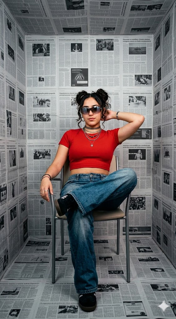 Minimalist Y2K Editorial Fashion Portrait with Newspaper Installation Background – Free Prompt — Portrait AI art prompt example for Midjourney and Stable Diffusion