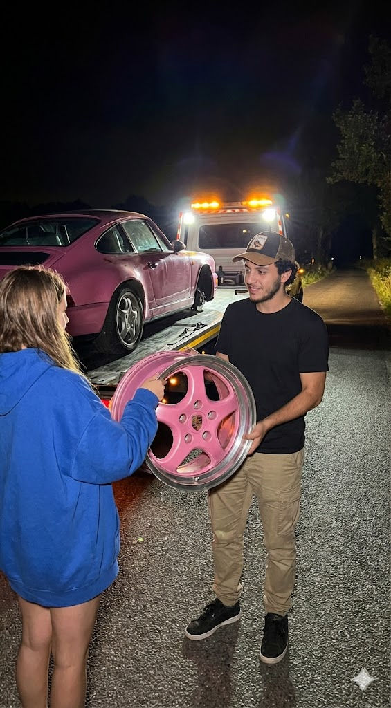 Photorealistic iPhone Flash Prompt – Night Roadside Scene with Porsche 911 on Tow Truck — Portrait AI art prompt example for Midjourney and Stable Diffusion