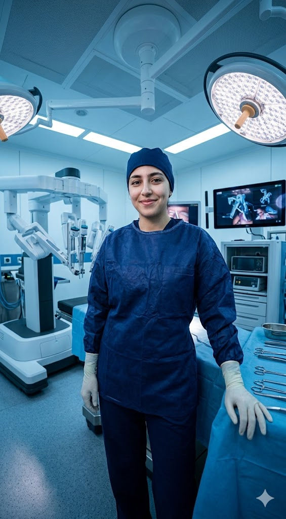 High-End Surgical Fashion Editorial – Cinematic Low-Angle Surgeon Photo Prompt — Portrait AI art prompt example for Midjourney and Stable Diffusion