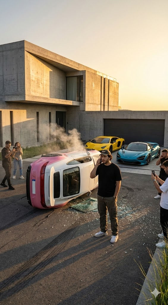 Cinematic Luxury Accident Prompt – Flipped Porsche 911 at Modern Brutalist Mansion — Portrait AI art prompt example for Midjourney and Stable Diffusion
