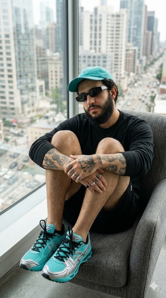 Hyperrealistic Tattooed Man Sitting in Armchair by Window – Cinematic Urban Portrait Photography Prompt — Portrait AI art prompt example for Midjourney and Stable Diffusion