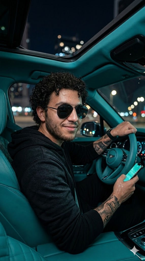 Hyper-Realistic Close-Up Portrait of a Young Man in Sunglasses Driving a Luxury Teal Interior Car – 24mm Cinematic Night Shot — Portrait AI art prompt example for Midjourney and Stable Diffusion