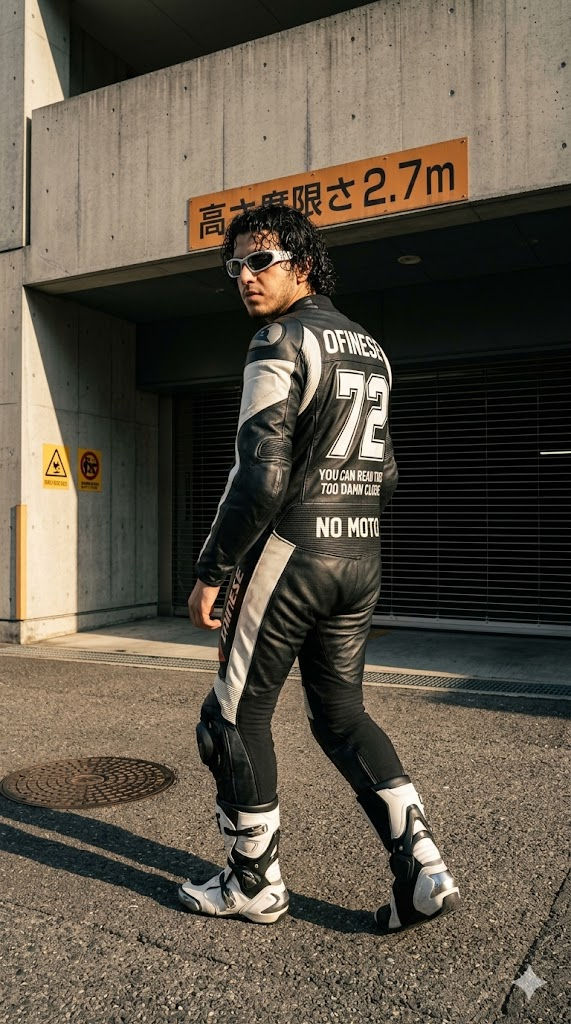 Futuristic Biker Walking in Urban Parking Garage ποΈπΈ β Portrait AI art prompt example for Midjourney and Stable Diffusion