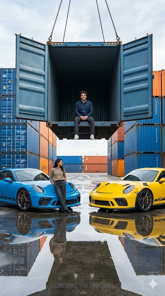 Luxury Porsche 911 GT3 RS Editorial in Shipping Container Yard – Cinematic Automotive Photo Prompt with Male & Female Models — Portrait AI art prompt example for Gemini and Stable Diffusion