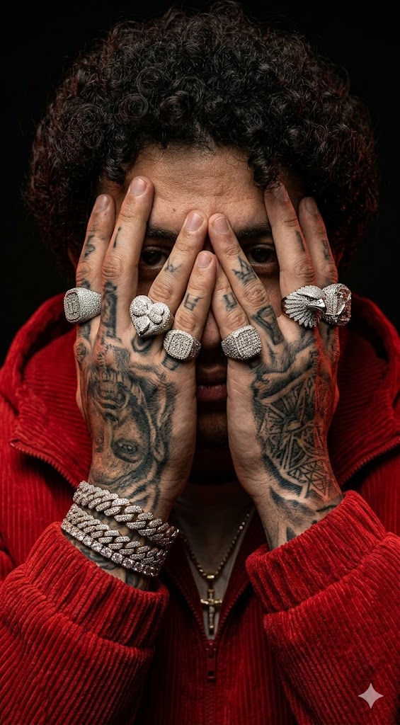 Luxury Chiaroscuro Portrait of a Tattooed Man in Emotional Despair with Diamond Rings (Close-Up Editorial) - Free Prompt — Portrait AI art prompt example for Midjourney and Stable Diffusion