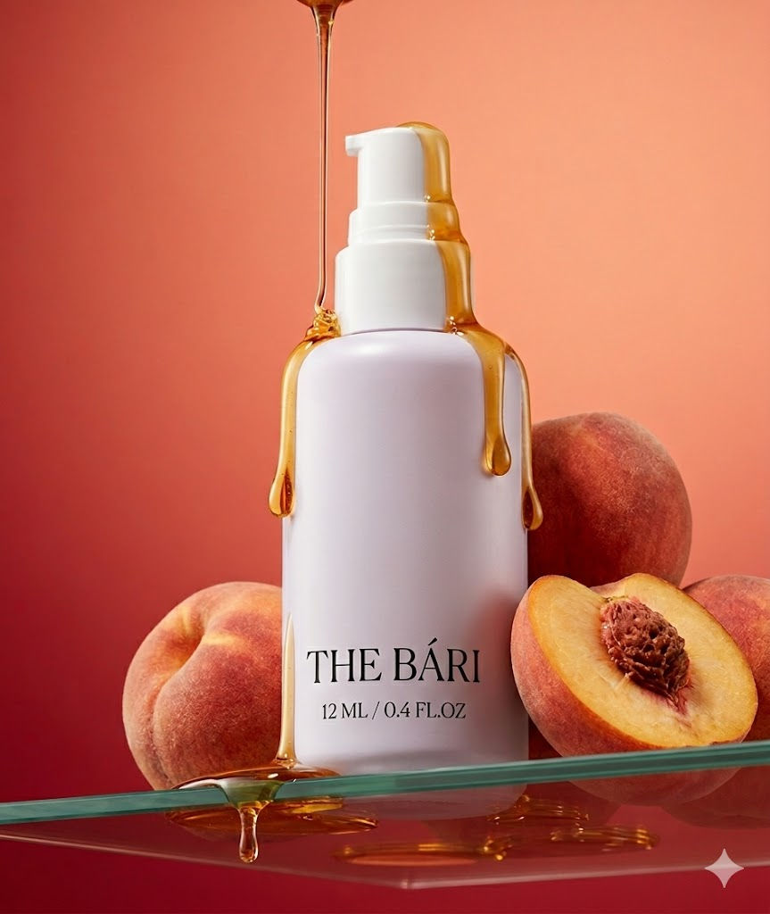 Luxury Honey Peach Cosmetic Bottle Editorial – Extreme Low-Angle Studio Product Photography with Glass Shelf & Dripping Honey — Business AI art prompt example for Midjourney and Stable Diffusion